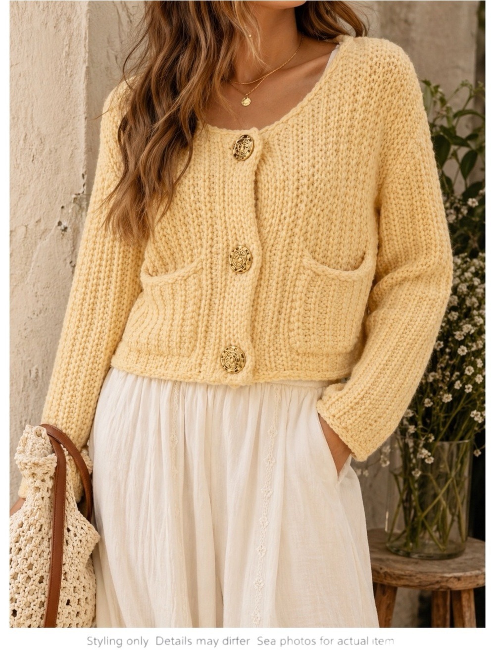 Vintage Cream Chunky Knit Cardigan Gold Buttons Parisian Cozy M/L